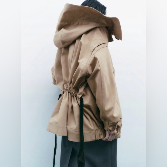 Zara jacket coat parka overcoat hood tied zip up beige casual - Picture 2 of 7